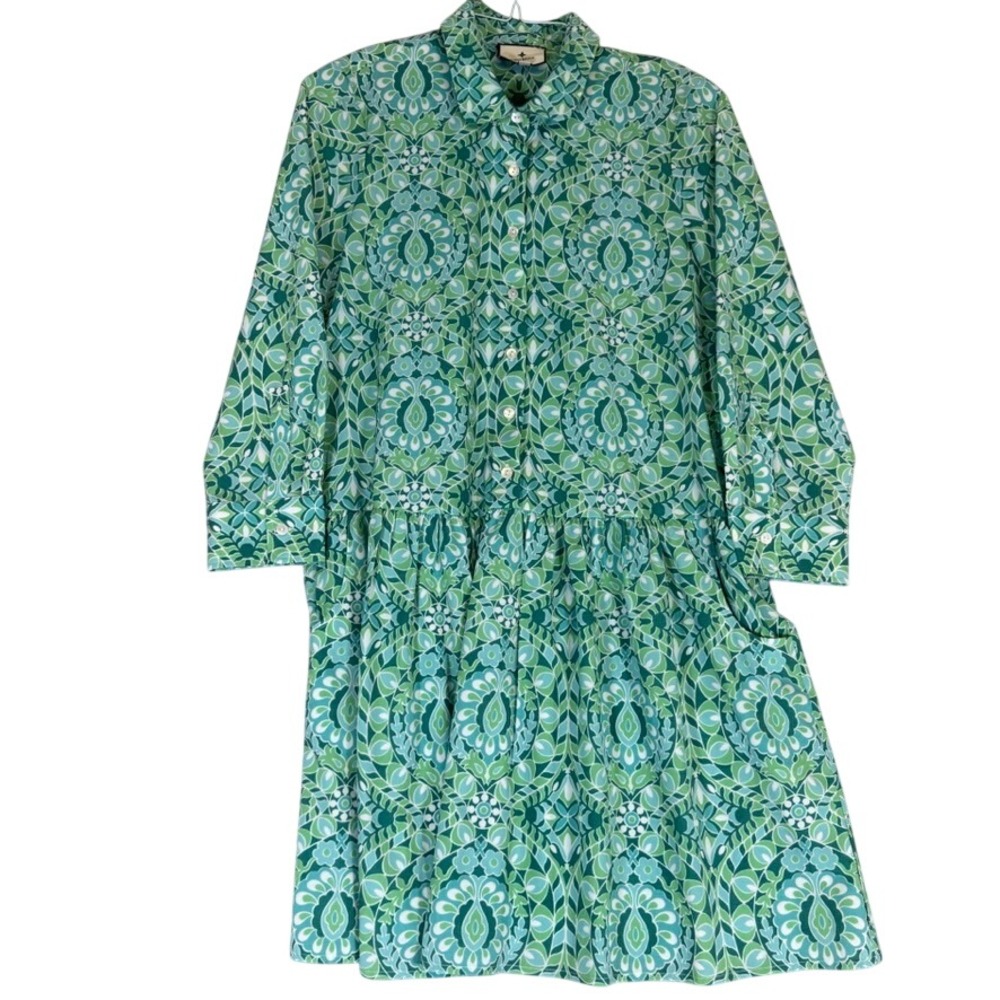 Tuckernuck Green Blue Geometric Damask Drop Waist Button Front Dress Medium